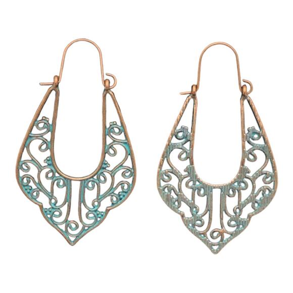 Boho Chic Turquoise Patina Copper Vintage-Chic Copper Unique Patina Earrings - Picture 2 of 9